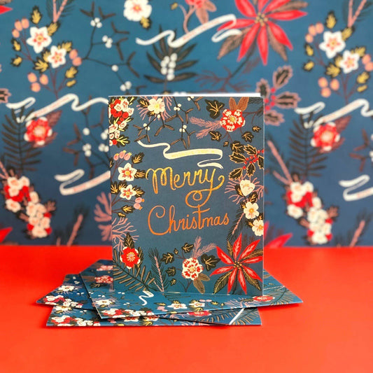 Blue Poinsettia Christmas Greeting Card with Gold Foil