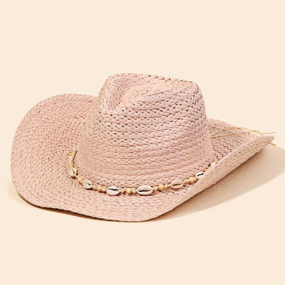 Cowrie Shell Straw Braided Cowboy Hat: Khaki
