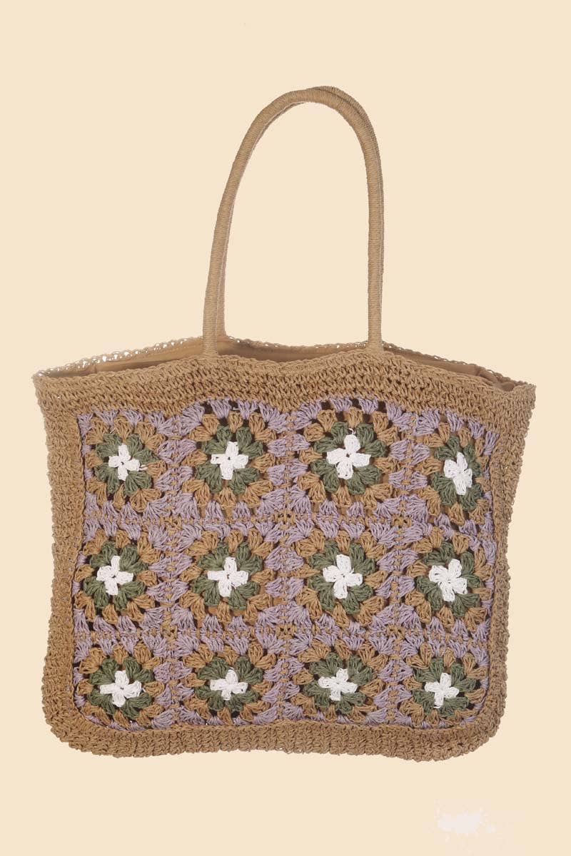Straw Braided Floral Pattern Tote Bag