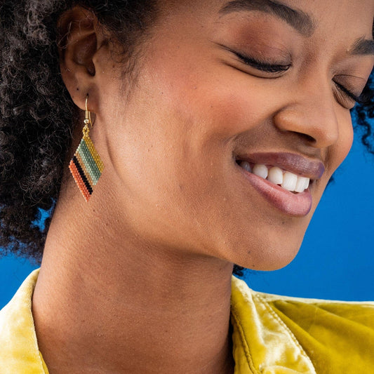 Earrings Gold Zelda Angled Stripe Diamond Greens + Rust