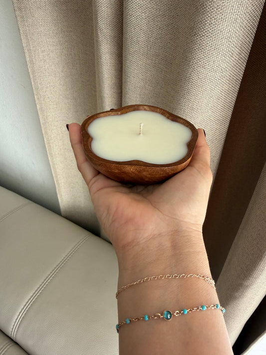 Flower shaped wood bowl candles