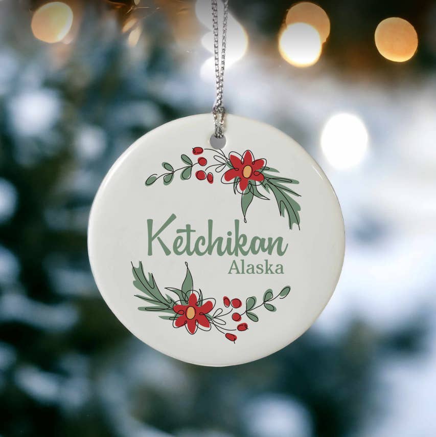 Christmas Poinsettia Ornament w/ Your City or State