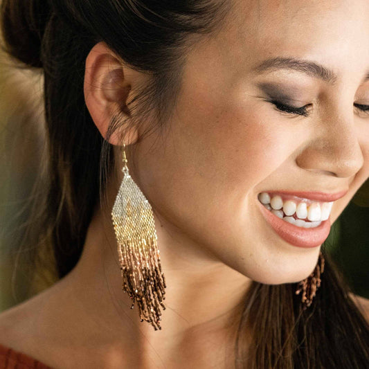 Earrings Gold Claire Ombre Beaded Fringe Mixed Metallic