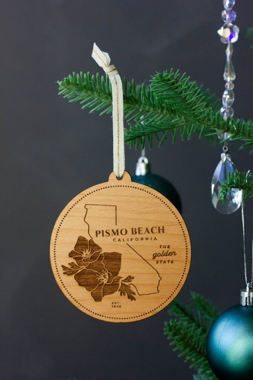 Pismo Beach Vintage Floral Wood Ornament, Made in California