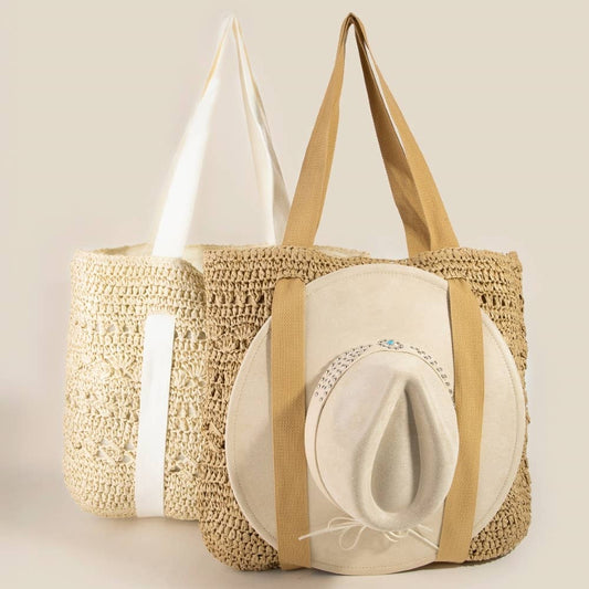 Large Straw Braided Tote Bag With Hat Holder