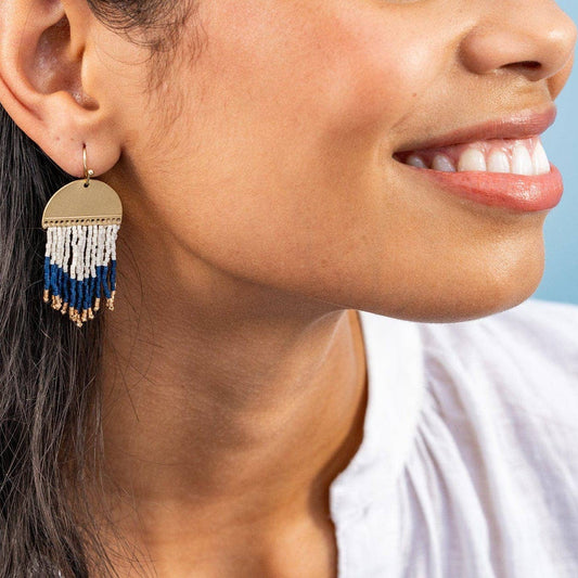 Earrings Gold Claudia Curved Pattern Short Beaded Fringe Navy