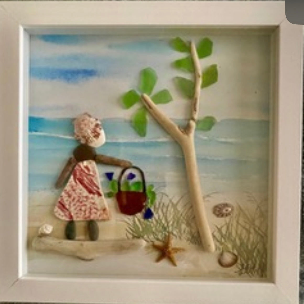 Sea Glass Framed Art- Girl with Basket