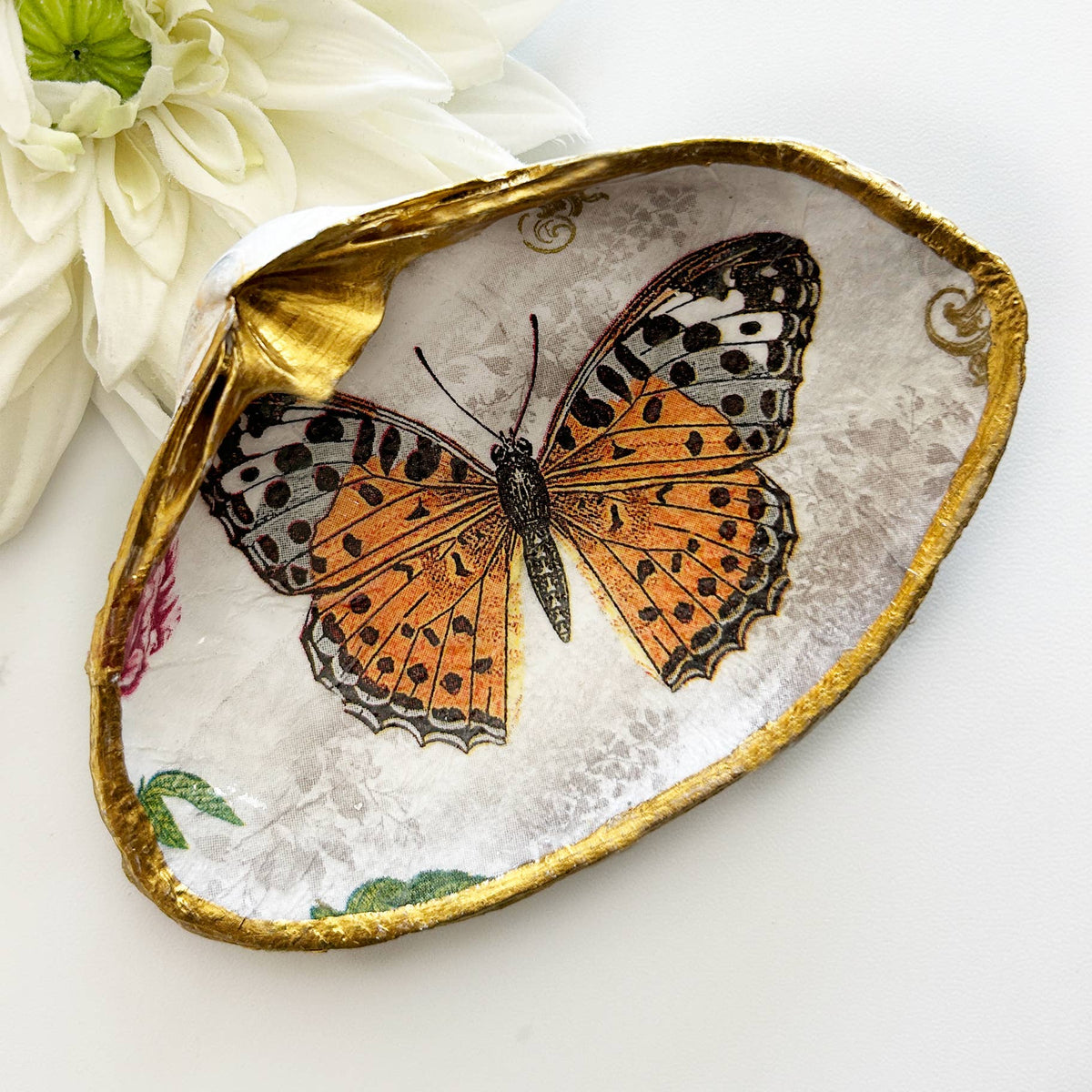 Vintage Style Butterfly Decoupage Clam Shell Trinket Dish