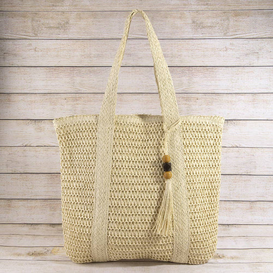 Woven Paper Straw Tote Bag With Tassel