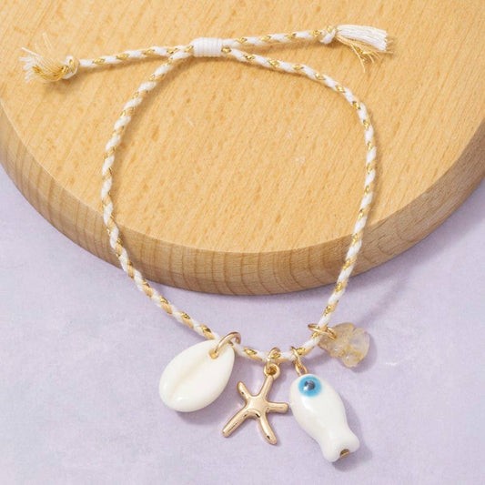Mixed Metallic And Ceramic Sea Life Charms Cord Bracelet