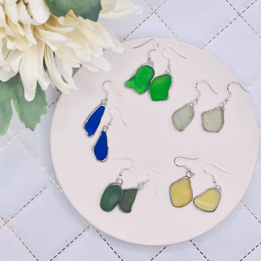 Ebb & Flow Rustic Simple Sea Glass Earrings: Carded on brown cardstock
