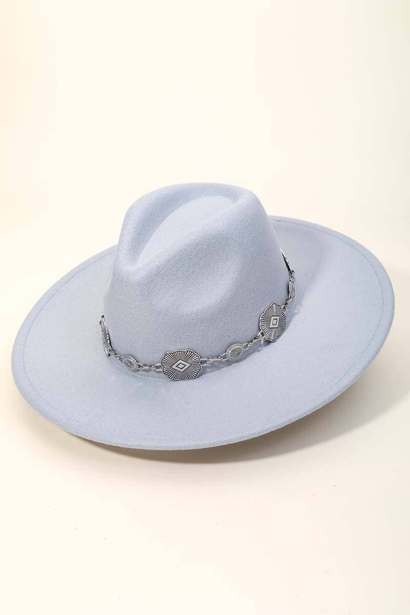 Concho Chain Strap Flat Brim Fedora Fashion Hat