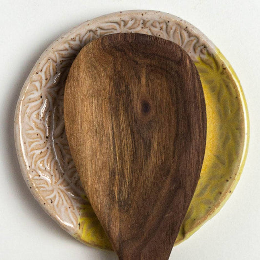 Patterned Yellow & White Ceramic Kitchen Spoon Rest Handmade