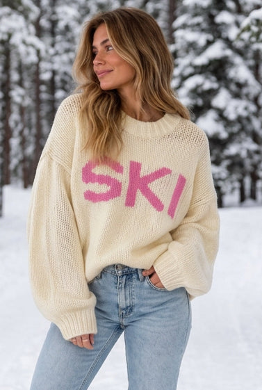 Chunky "Ski" Sweater - Cream with Pink Letters