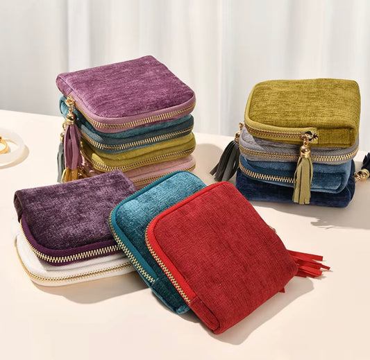 Velvet Travel Jewelry Organizer with Zipper and Tassel