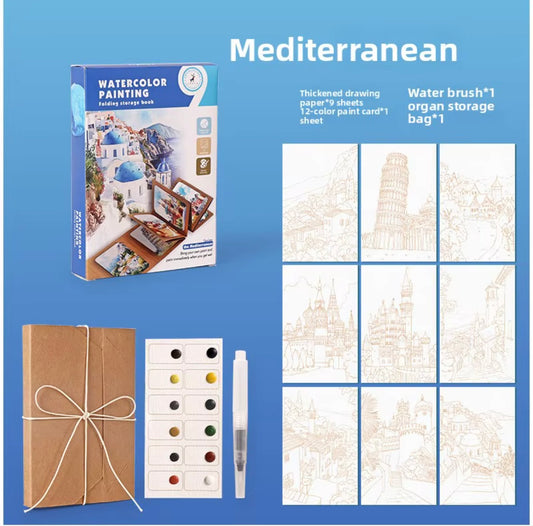 Portable Watercolor Painting Kit with Folding Sketchbook, 12 Colors & Water Brush