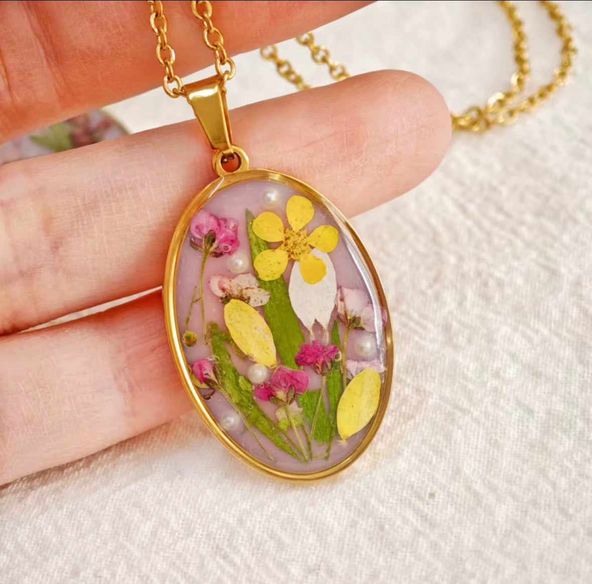 Pressed Wildflower Necklace - Pink with Yellow Flowers