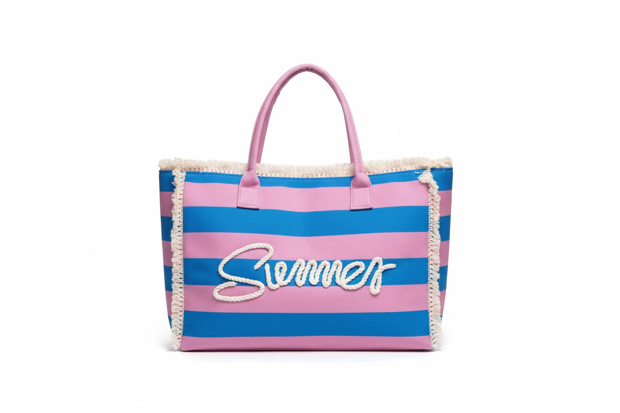 Striped Fringe trim Summer print Tote bag - Royal Blue and Pink