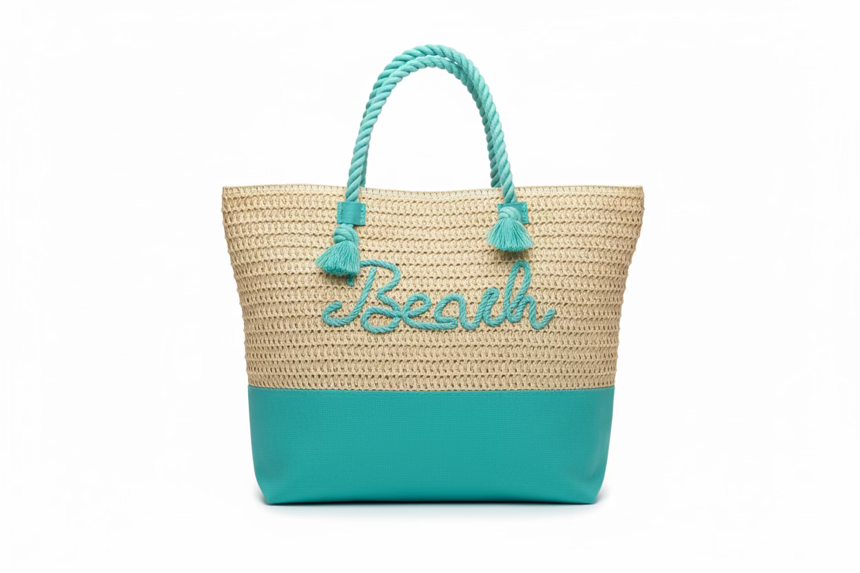 Large Beach Print Braided Tote Bag - Blue