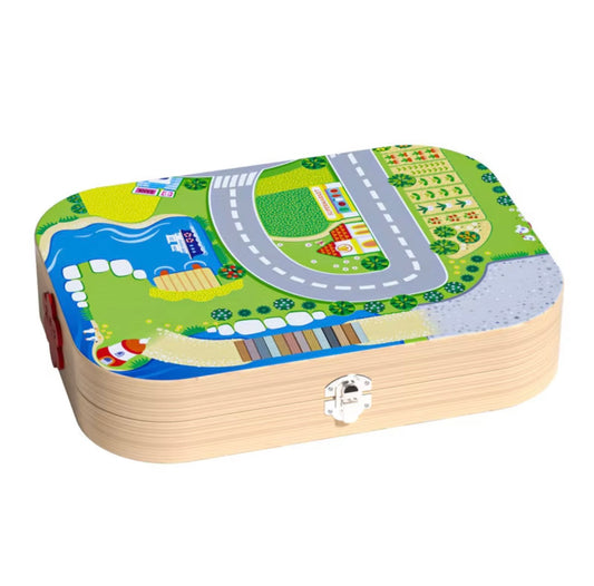 Wooden City Building Blocks Playset with Road Map Storage Case - Montessori Inspired