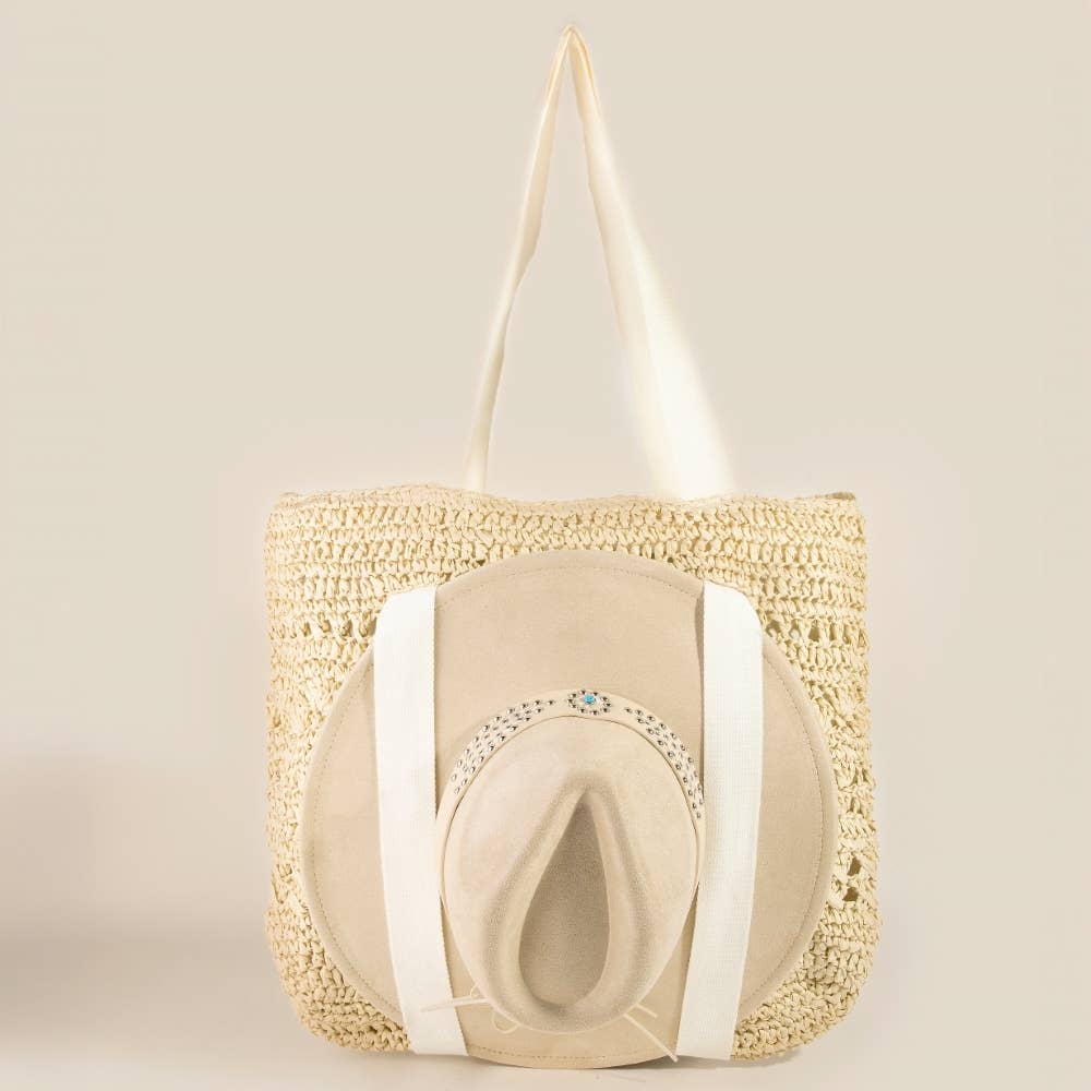 Large Straw Braided Tote Bag With Hat Holder