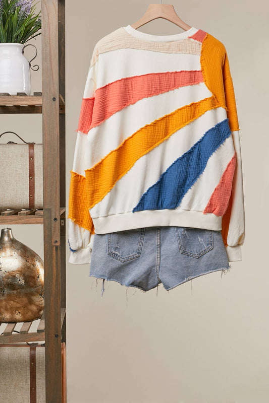 Retro Sunburst Mixed-Fabric Patchwork Sweatshirt