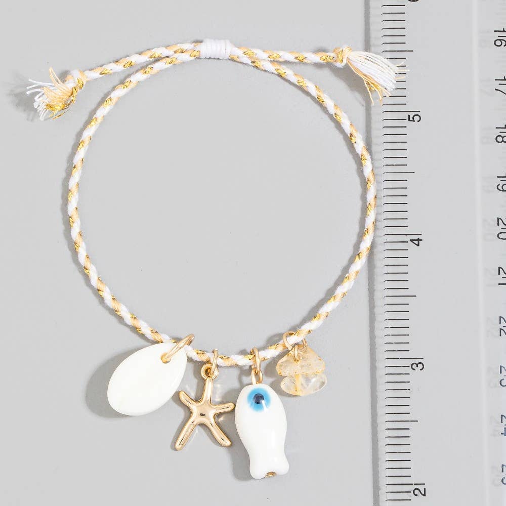 Mixed Metallic And Ceramic Sea Life Charms Cord Bracelet