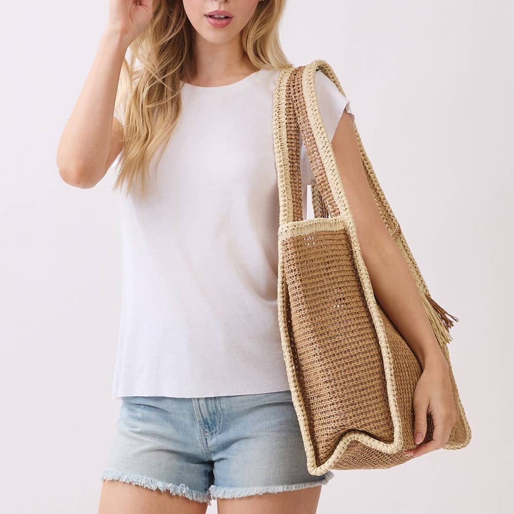 Two Tone Woven Straw Tote Bag - Black