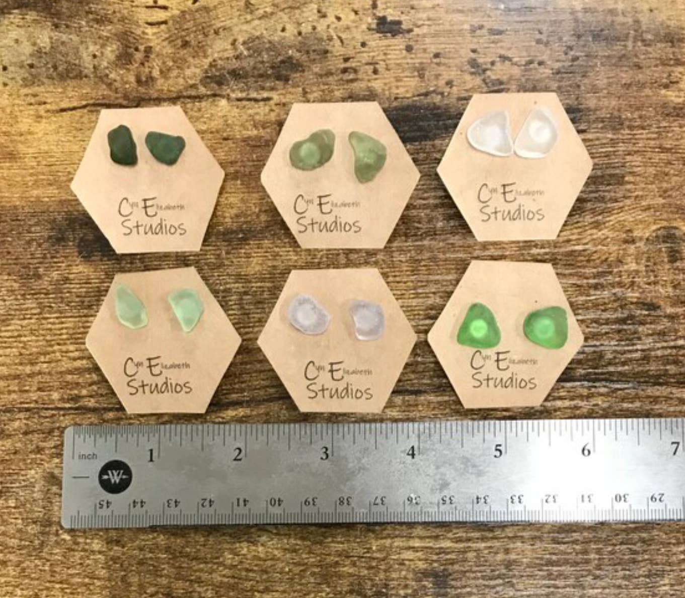 Salted Drops Sea Glass Stud Earrings: Carded on brown cardstock