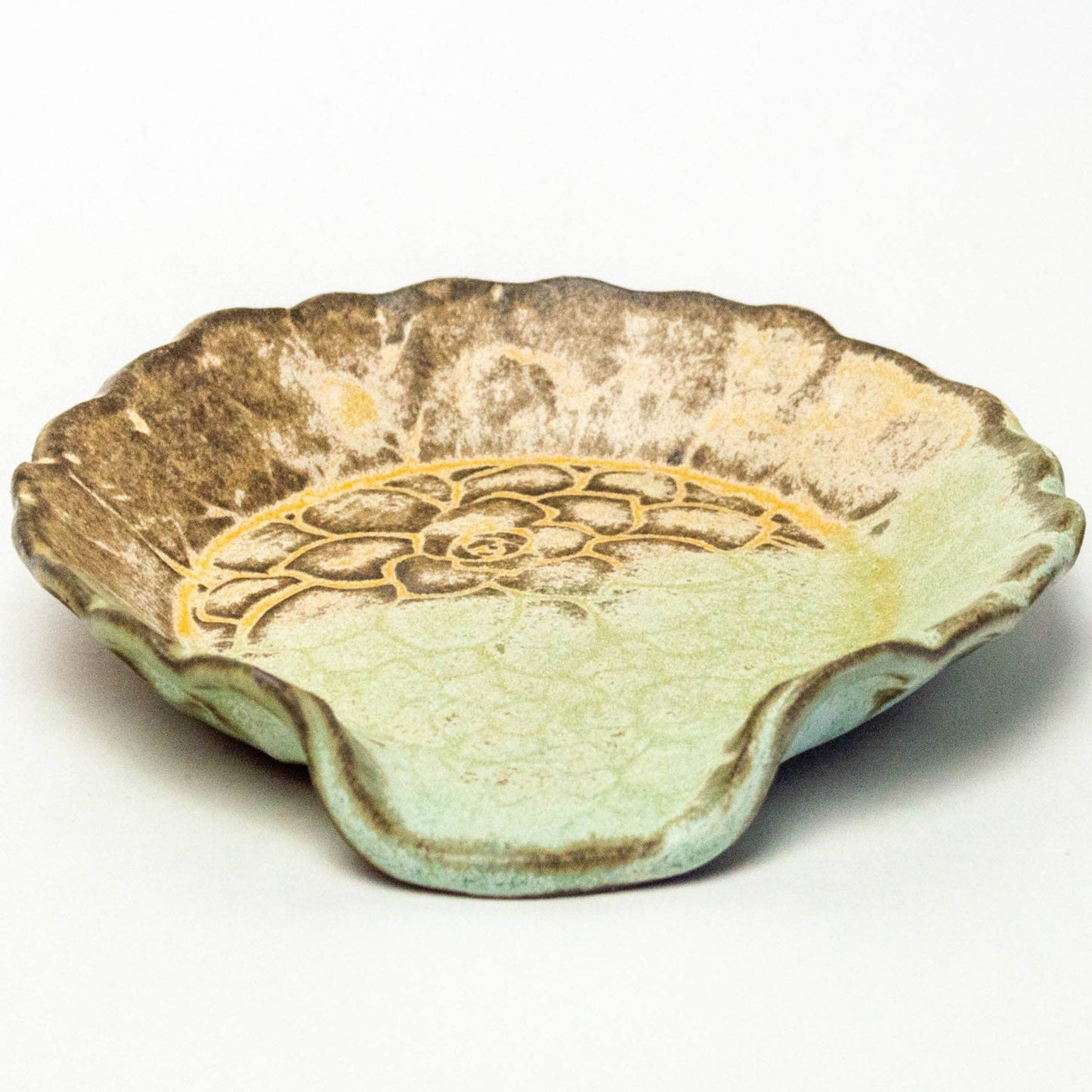 Ceramic Spoon Rest- Green Succulent Pattern Handmade in Ohio