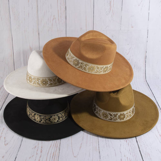 Wide Brim Felt Hat With Floral Ribbon Band