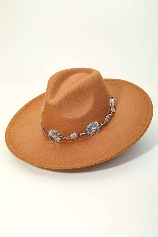Concho Chain Strap Flat Brim Fedora Fashion Hat
