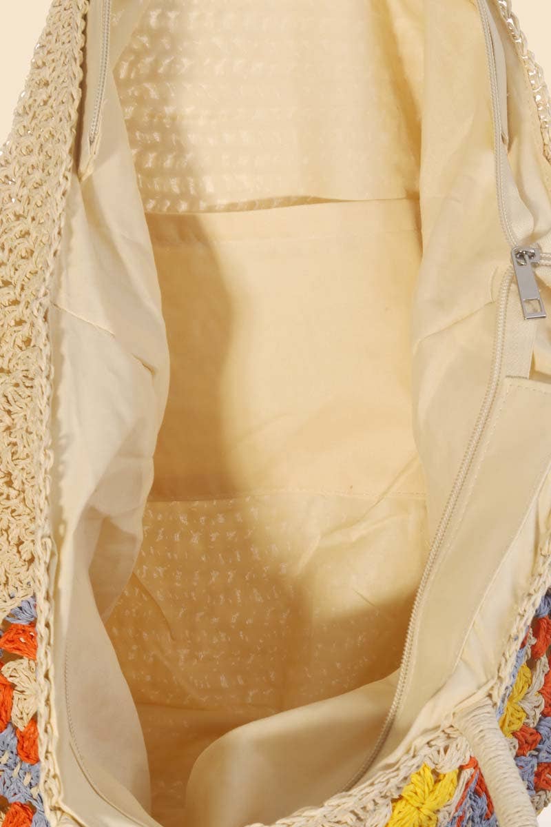 Straw Braided Floral Pattern Tote Bag
