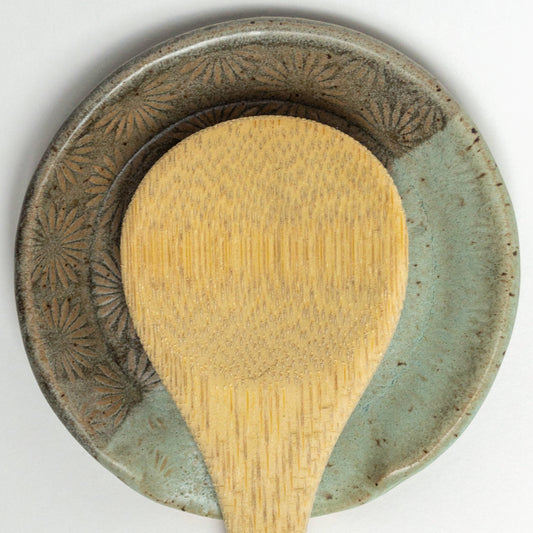 Gray & Blue Sunburst Pattern Ceramic Spoon Rest Handmade