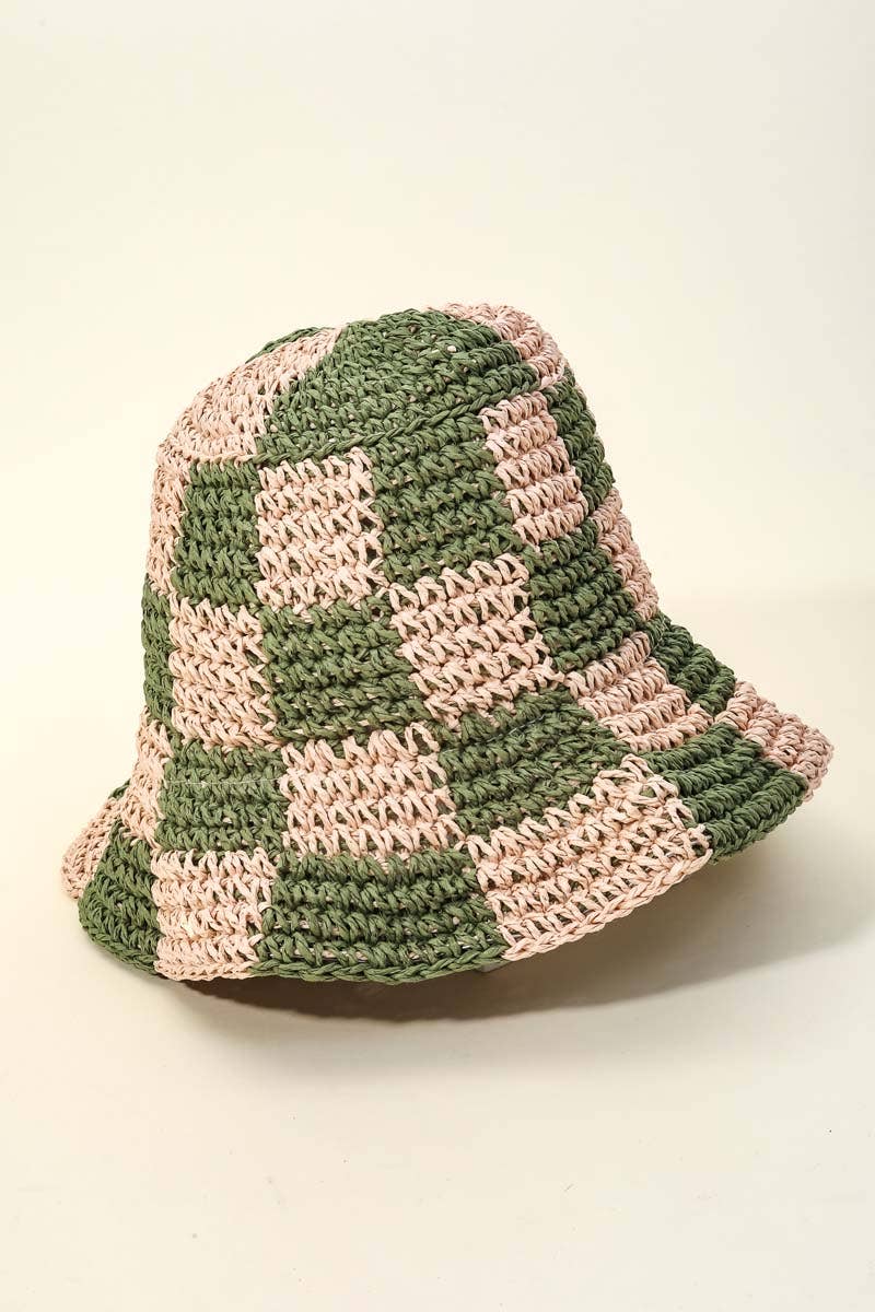 Straw Braided Checkered Bucket Hat