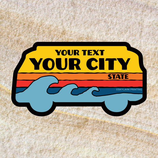 Pismo Beach Retro bus with Ocean Souvenir Sticker, 3 inches wide