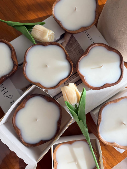 Flower shaped wood bowl candles