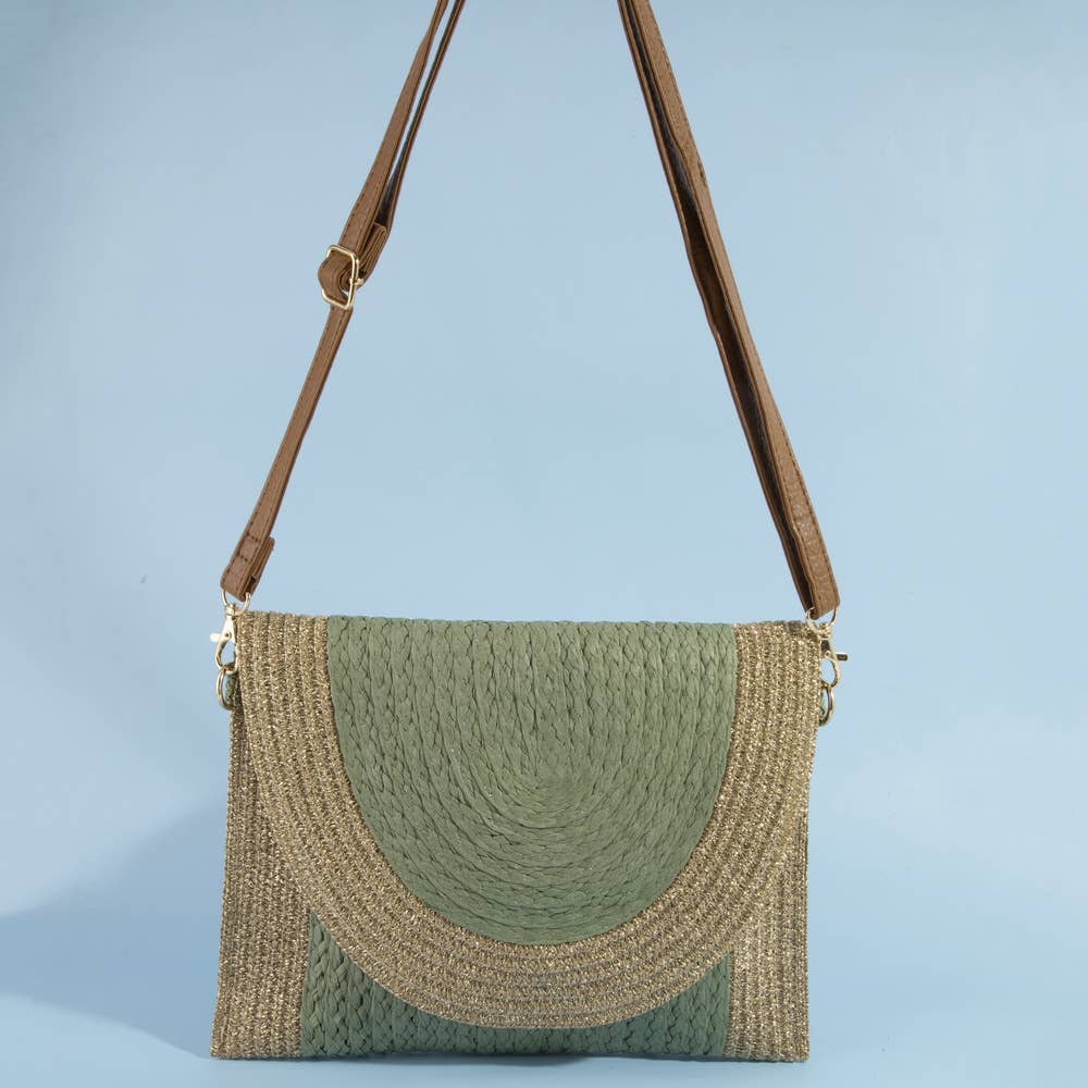 Half Moon Flap Woven Straw Clutch Bag