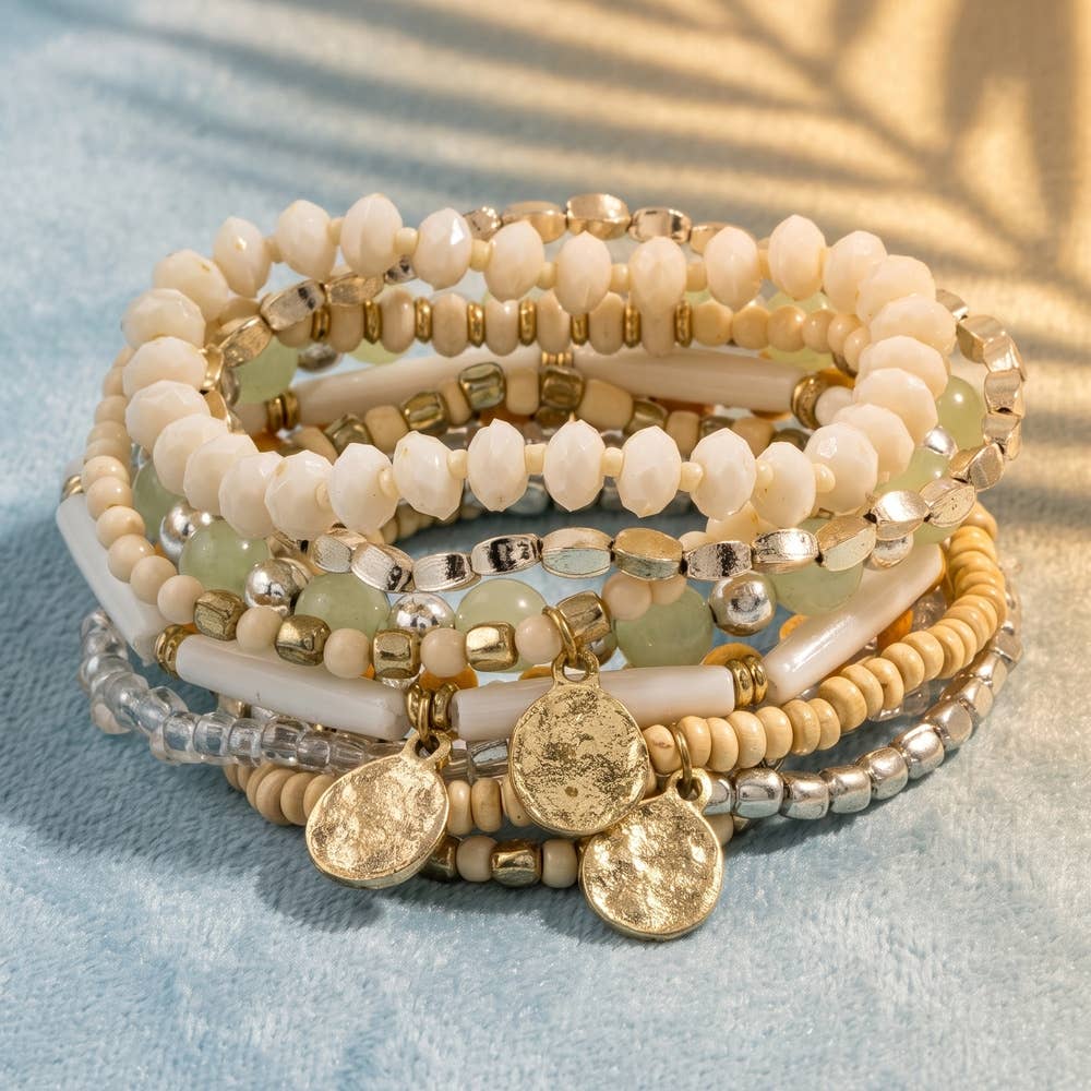 Boho Coin Charm Beaded Bracelet Stack Set