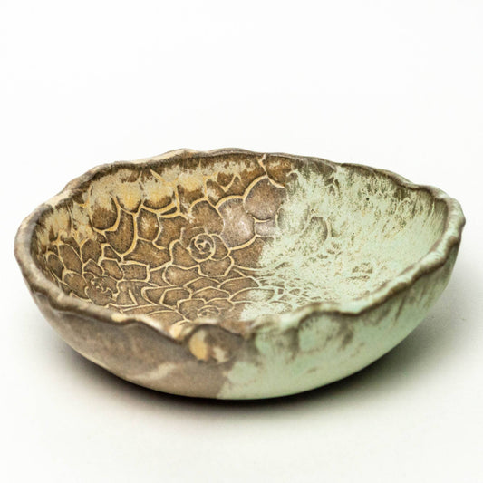 Green Succulent Patterned Ceramic Bowl Handmade