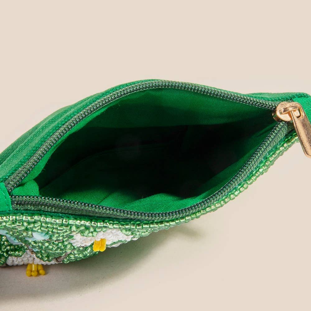 Green Floral Seed Beaded Coin Purse