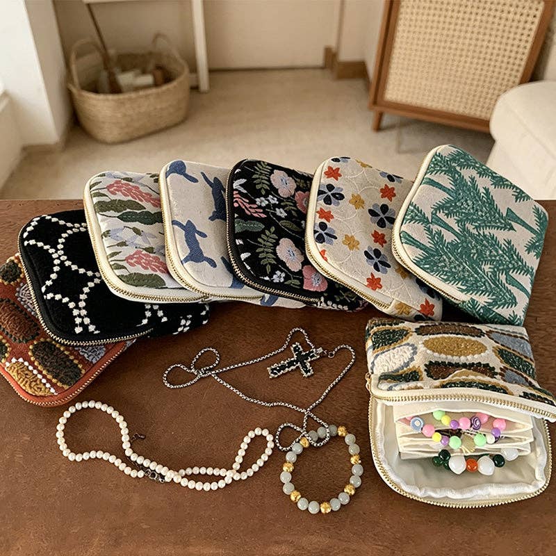 Vintage Embroidered Cotton Linen Jewelry Pouch - Soft Travel Organizer