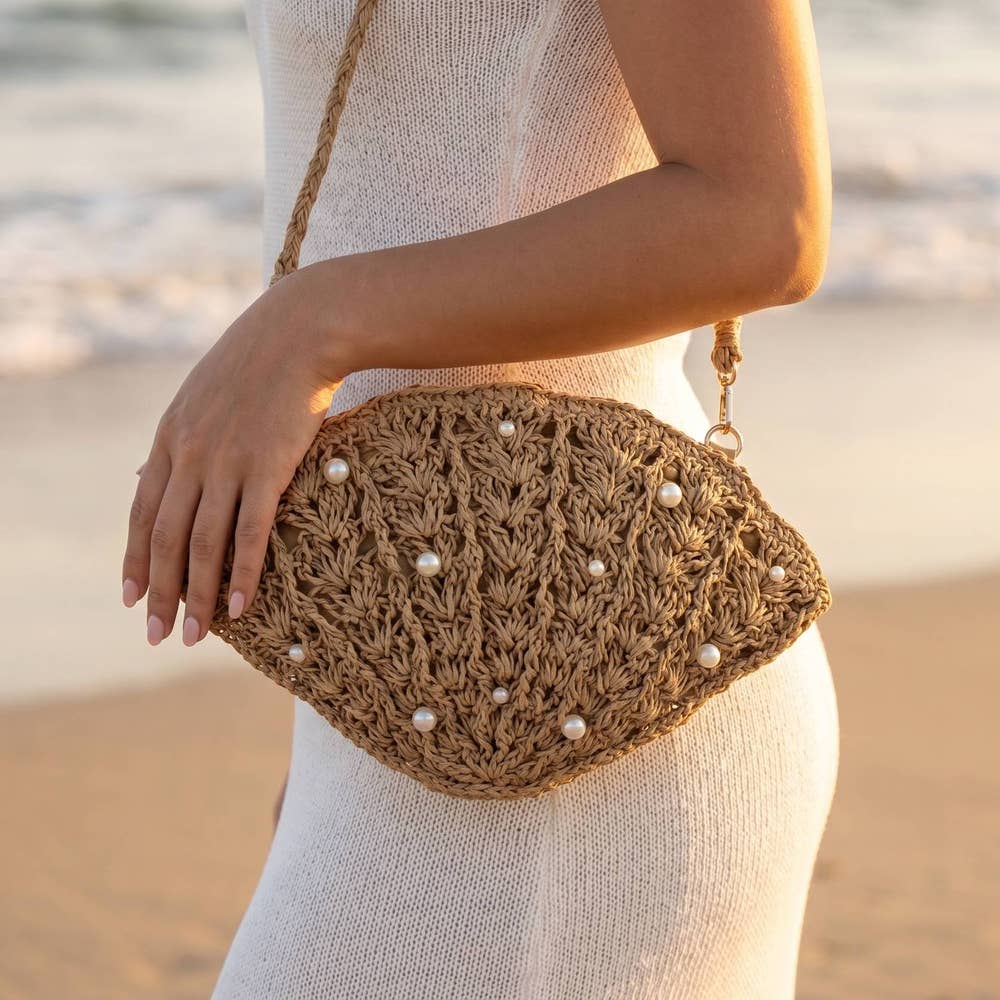 Shell Pearl Beaded Straw Crochet Crossbody Bag