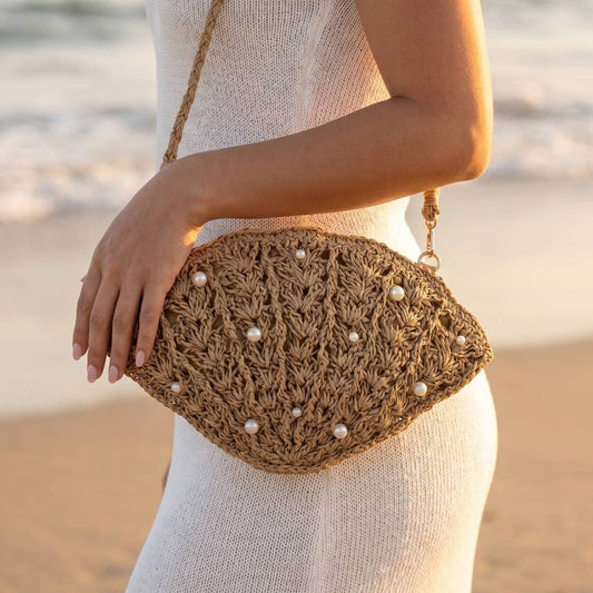 Shell Pearl Beaded Straw Crochet Crossbody Bag