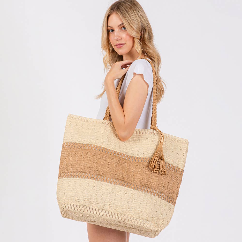 Two Tone Color Block Woven Tassel Straw Tote Bag / Beach Bag