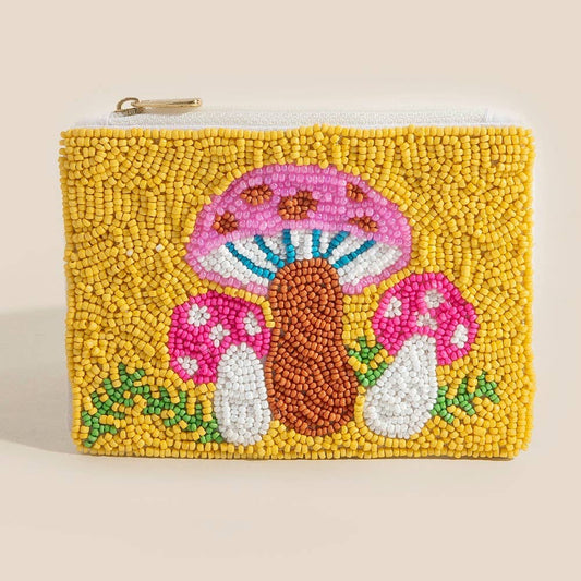 Vibrant Mushrooms Seed Beaded Coin Purse