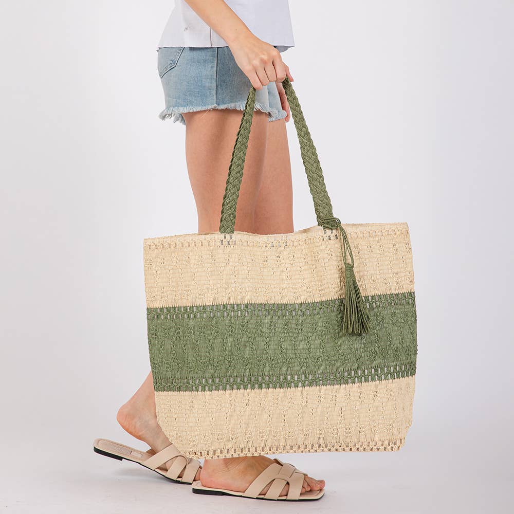Two Tone Color Block Woven Tassel Straw Tote Bag / Beach Bag