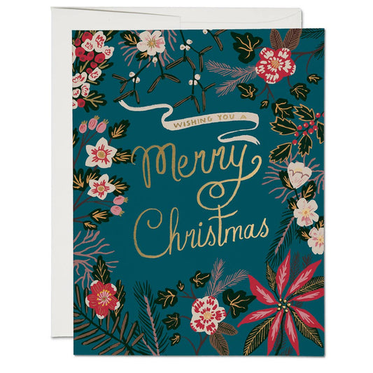 Blue Poinsettia Christmas Greeting Card with Gold Foil