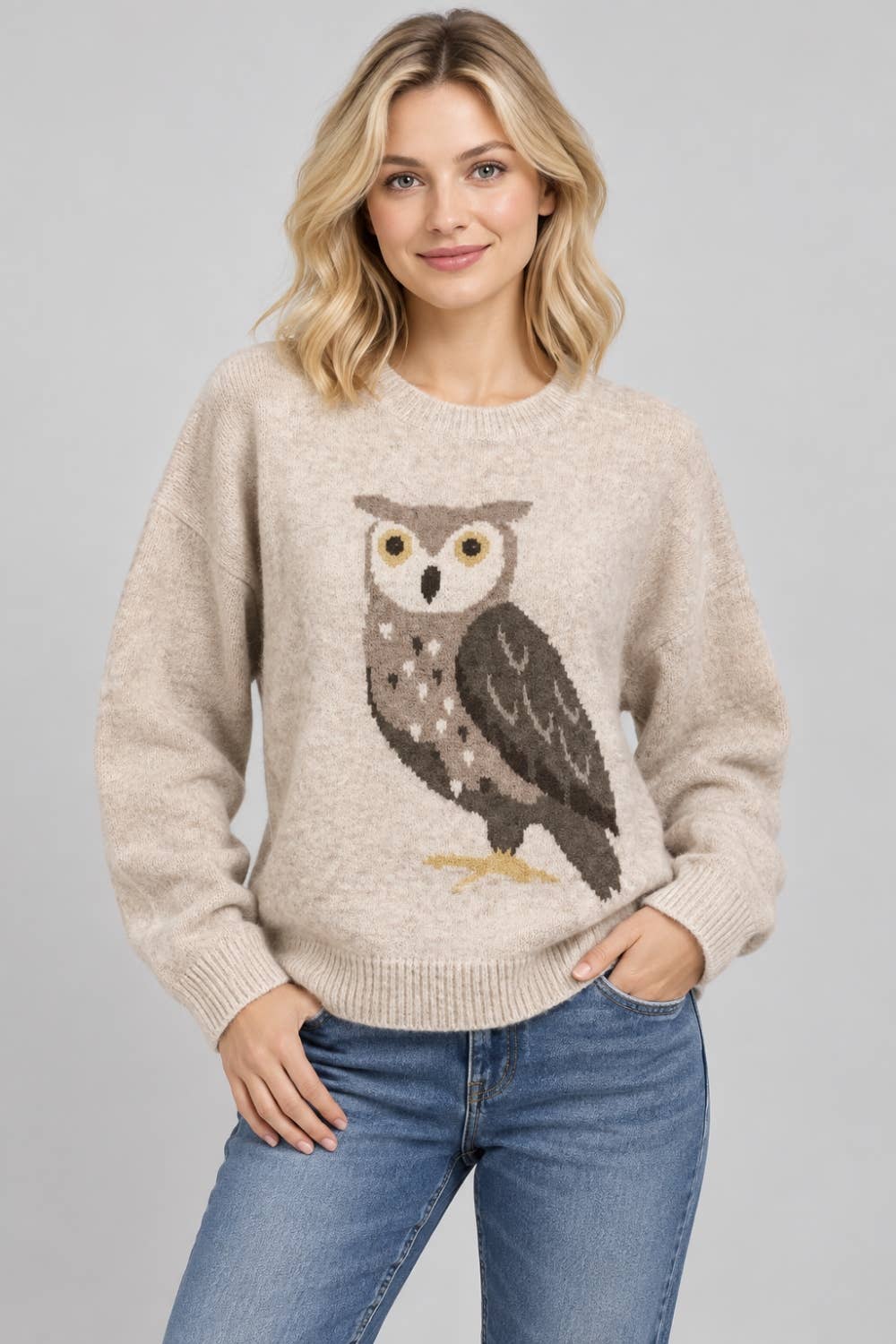 Women’s Owl Knit Sweater – Relaxed Woodland Pullover
