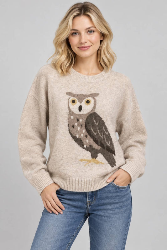 Women’s Owl Knit Sweater – Relaxed Woodland Pullover